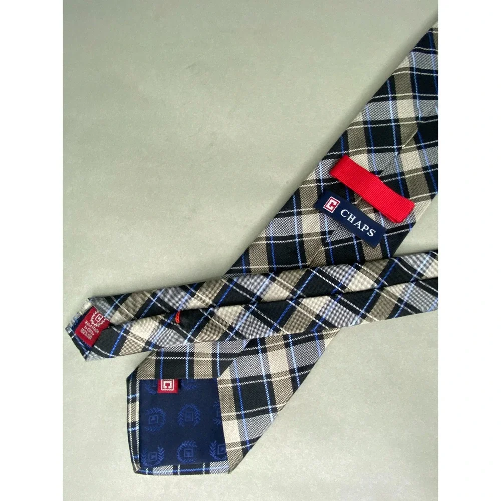 Chaps Mens Tie Black Tan Blue Plaid‎ Silk Classic Preppy
